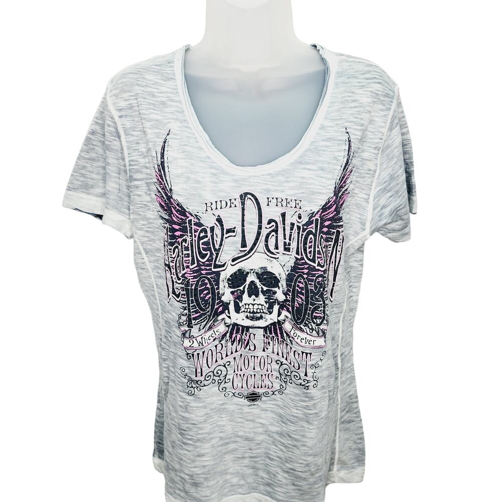 Harley Davidson Skull Wing T Shirt Womens M Studded V Neck Chimney Rock NC